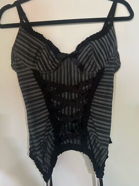 Vintage Y2K Morbid Threads Black and Grey Corset with Ribbon Garters